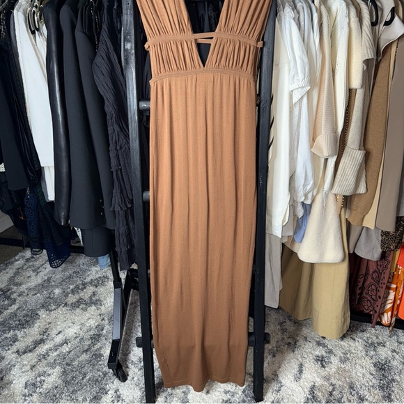 Ronny Kobo Charlie Dress Driftwood Brown Ruched Cutout Jersey Maxi - Picture 11 of 12